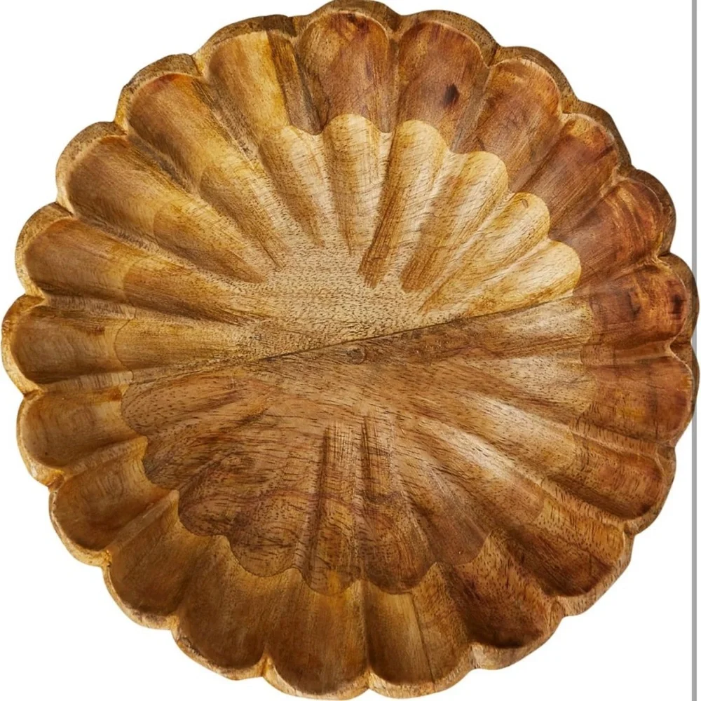NEW West Elm Large Natural Wood Carved Scalloped Decorative Bowl Centerpiece 8